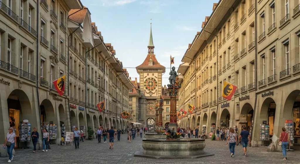 Imagem do centro da cidade velha de Berna, rua do relógio