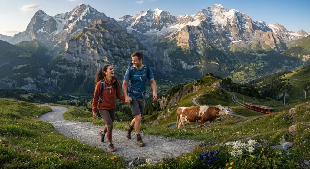 Imagem de casal fazendo uma trilha nas montanhas do Cantão de Berna. Ao fundo uma vaca, pastando, e um trem serpenteando as montanhas.
